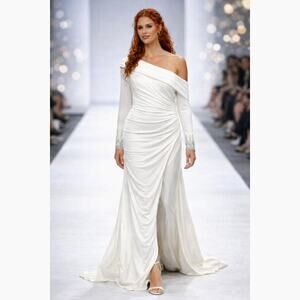 Mac Duggal Beaded Cuff Drop Shoulder Faux Wrap Gown - White - size 14